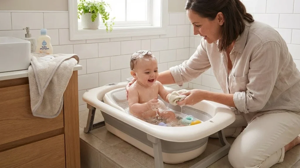 mae dando banho em bebe na banheira com entrega rapida